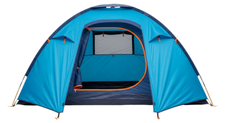 Spacious blue camping tent with open door and window, perfect for outdoor adventures, isolated on transparent background