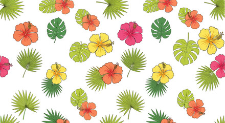 Vibrant tropical hibiscus flowers and palm leaves create a fresh summer pattern perfect for textiles, backgrounds, and eye-catching designs with joyful island vibes