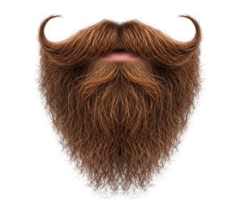 A full and bushy brown beard with curled mustache tips, perfect for adding character, isolated on transparent background