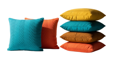 Stack of colorful decorative pillows isolated on transparent background, adding a touch of comfort and style to your home decor