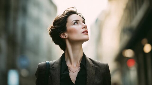 Urban Reflection: A sophisticated individual pauses in a bustling urban alley, gazing upwards with a look of contemplative wonder, the cityscape blurring softly around her.