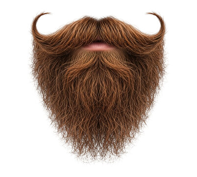 A full and bushy brown beard with curled mustache tips, perfect for adding character, isolated on transparent background