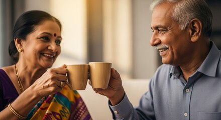 Indian senior couple sharing warm smile while drinking coffee