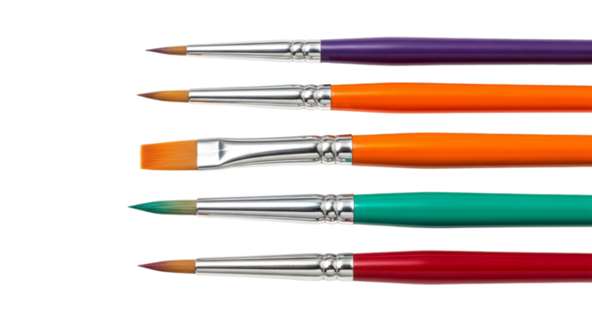 Set of artist paintbrushes isolated on transparent background, showcasing various sizes and colors for artistic expression tools