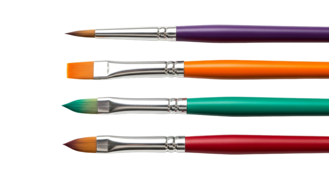 Paintbrushes with colorful handles isolated on transparent background, essential tools for painting and artistic expression