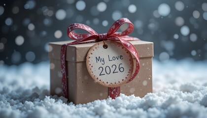 "Gift box tied with ribbon, tag reading ‘My Love 2026’, snowflakes falling softly around"