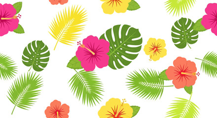 Fototapeta premium Vibrant tropical hibiscus blooms and palm fronds create a lively island vibe, perfect for summer designs and vacation-themed creative projects