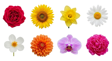 Collection of colorful flowers isolated on transparent background, representing beauty, nature, and diversity in floral arrangements