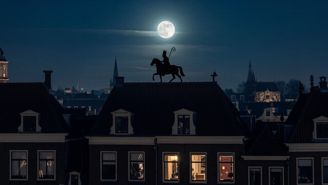 Silhouette of Sinterklaas on a horse on a rooftop at night. Saint Nicholas riding under a full moon over a Dutch city. Traditional holiday folklore concept