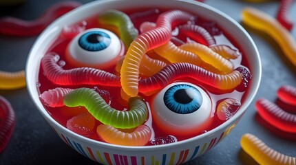 Spooky halloween gummy worm and eyeball dessert bowl