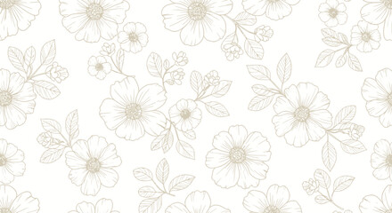 Obraz premium Elegant floral line art pattern with delicate blooms and leaves, perfect for sophisticated branding and artisanal products, bringing natural beauty to any design project.