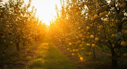Fototapeta premium Golden Sunlight Through Orchard with Ripe Apples on Trees and Green Grass