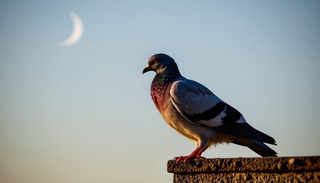 A pigeon perched on a stone ledge during what appears to be dusk, as indicated by the soft lighting and visible crescent moon in the sky. - Powered by Adobe