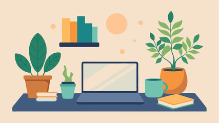 Fototapeta premium A cozy home office setting displaying a laptop open to a mental health blog surrounded by plants tea and selfcare books emphasizing the importance of a nurturing environment.
