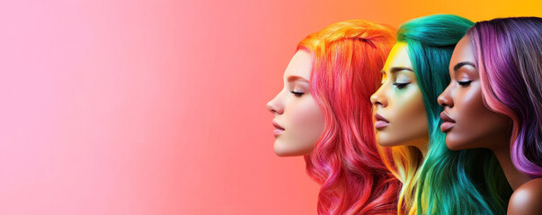 Naklejka premium Three Women with Neon Hair Shades in Profile on Pink Background