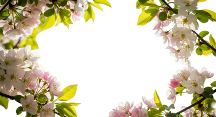A vibrant spring frame of pink and white apple blossoms against a clean transparent background, perfect for adding a touch of nature