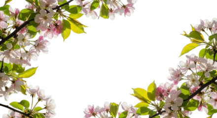 Delicate pink and white blossoms frame a bright transparent background, creating a fresh and airy spring border isolated on transparent background
