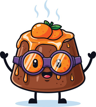 Cute Malva Pudding Character with Apricot Goggles Waving Hello