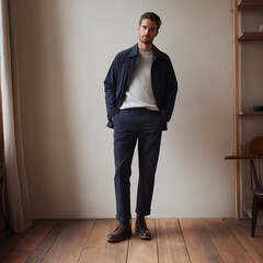 Stylish Navy Pants for Men in Minimal Indoor Setting