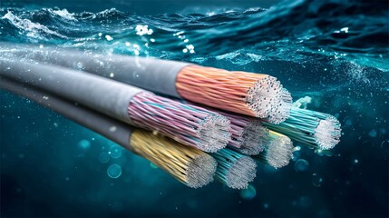 underwater view of multiple fiber optic cables glowing with energy beneath waves, disappearing into ocean horizon. Clear center copy space. [Submarine]:[ fiber optic cables] underwater cables, 