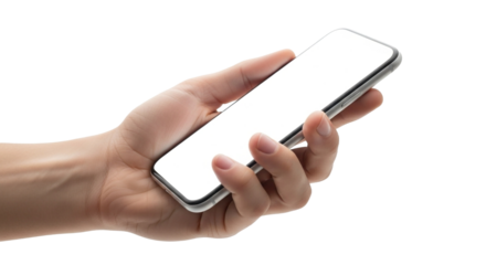 Hand holding and using a modern smartphone with blank white screen, isolated on transparent background, for app presentation