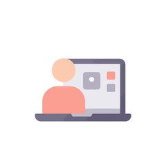 Minimalist Flat Icon of Person on Laptop for Online Meeting