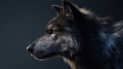 Detailed profile of a black wolf with dense charcoal fur and striking amber eyes,