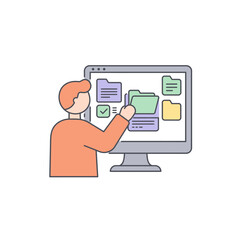 Minimalist Outline Man Organizing Digital Files on Computer Illustration