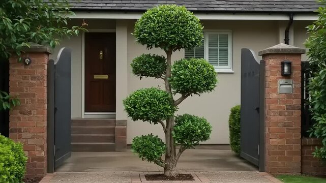 Automatic Black Driveway Gate Opening to Reveal a Modern House Entrance.