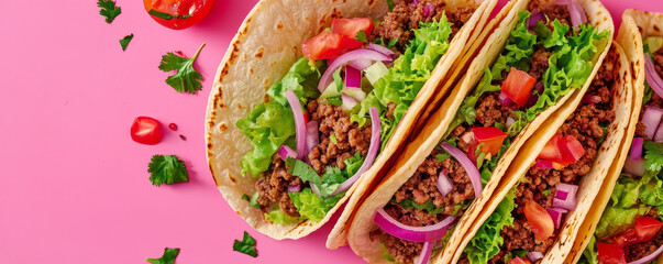 Fresh Beef Tacos with Lettuce and Tomato on Pink Background