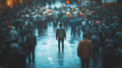 Lone Man Stands Still Amidst a Blurry Moving Crowd
