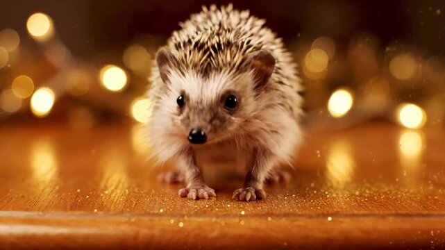 Cute hedgehog with golden glitter and bokeh lights. Festive animal footage.