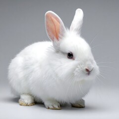 Fototapeta premium A cute, fluffy white rabbit sits against a plain gray backdrop