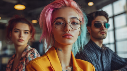 Trendy group of friends with colorful hair and sunglasses.