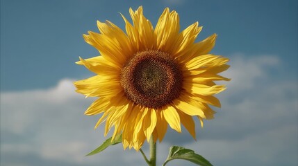 Obraz premium A bright yellow sunflower with green leaves stands tall against a clear blue sky, radiating warmth and vibrancy.