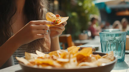 Cheerful Woman Snacking on Nachos at a Sunny Patio