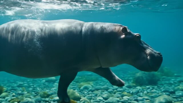 Hippo swims elegantly beneath water surface, exhibiting natural behavior in aquatic habitat. Clear blue water setting, vibrant underwater flora. Concept of wildlife, conservation, animal behavior