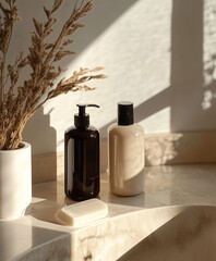 Aesthetic rose gold, brown, and light beige care products with a luxurious and minimalist design. Perfect for clean beauty and premium branding.