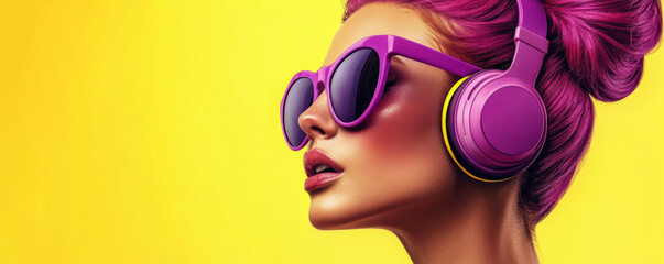 Stylish woman with purple hair wearing matching headphones