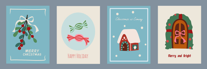 Christmas card designs set. Modern winter template cute hand drawn vector flat elements. Vintage italian whimsical style for greeting, poster, label, tag, packaging and branding.