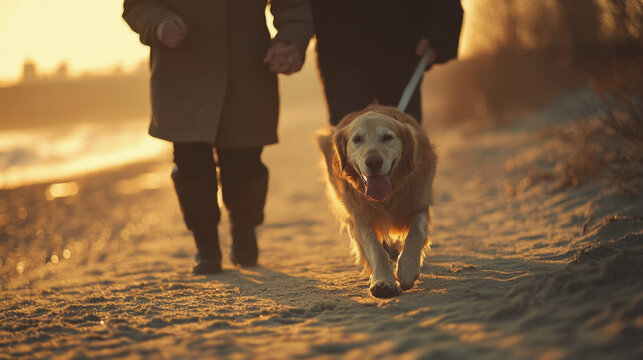 Mature couple walking dog on sandy beach at sunrise - Powered by Adobe