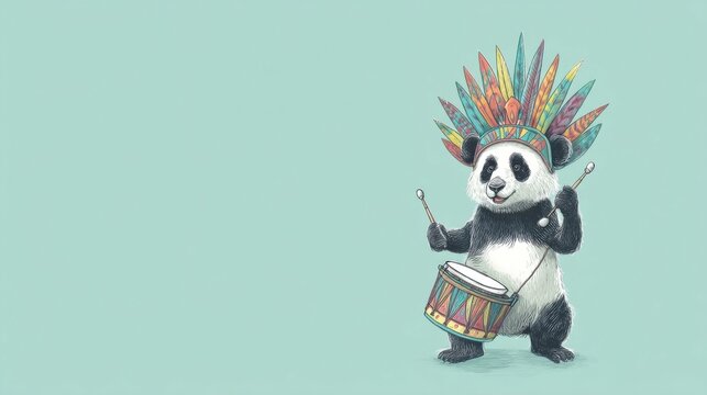 A cheerful panda wearing a colorful feathered headdress plays a vibrant drum with drumsticks,
