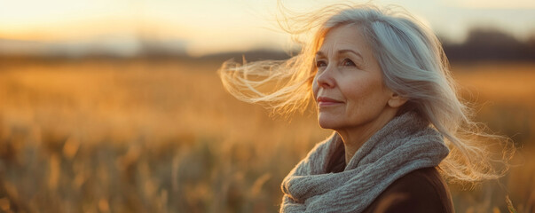 Graceful Senior Woman Enjoying Nature in a Windy Field Banner