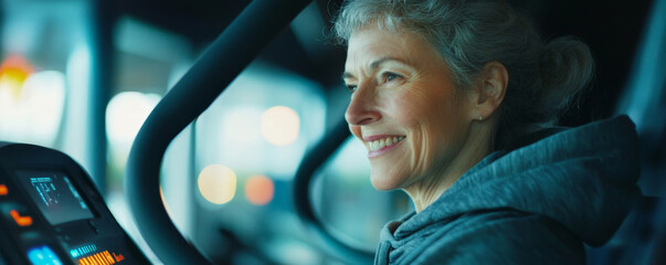Senior Woman Smiling on Treadmill in Fitness Center