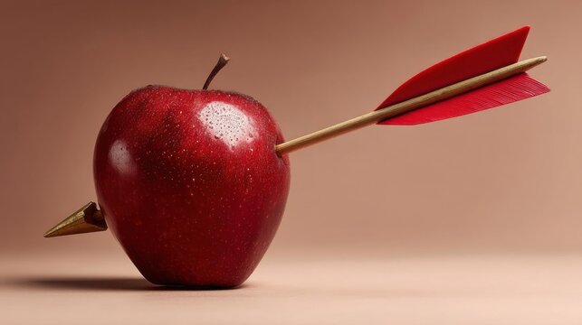 A fresh red apple pierced by arrows creates a striking cross pattern, symbolizing themes like temptation and health,