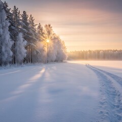 Fototapeta premium Mesmerizing Winter Sunrise Over a Snowy Forest
