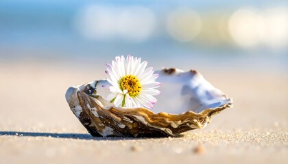 A delicate white flower rests within a seashell on a sandy beach