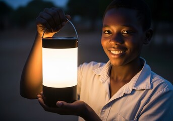 African American teenager smiling holding lantern at dusk