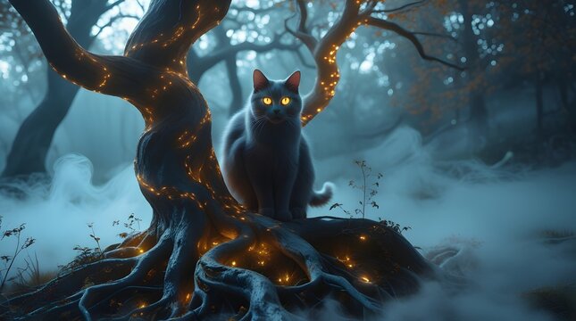 Mysterious black cat with glowing eyes in an enchanted forest - Powered by Adobe