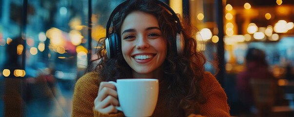 Smiling Woman with Headphones Holding Coffee in a Cozy Cafe